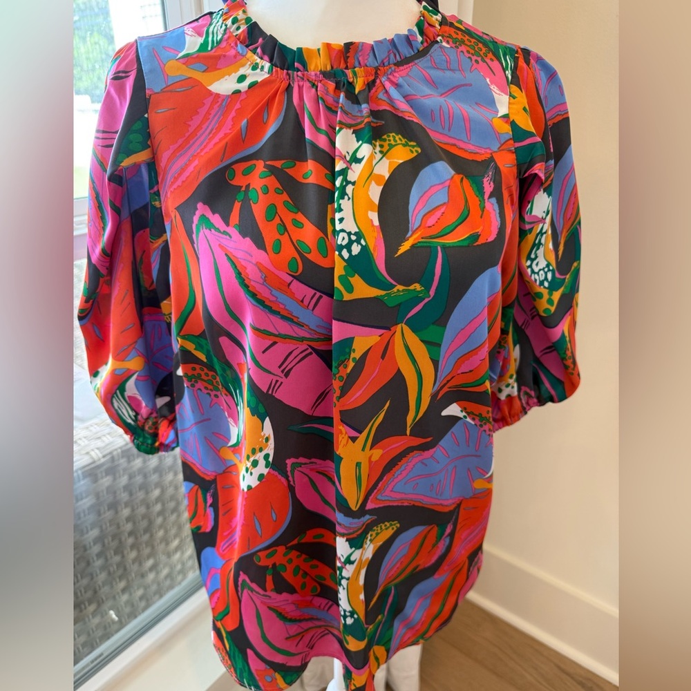 Vibrant Multicolor Short Sleeve Women's Satin Top size Small